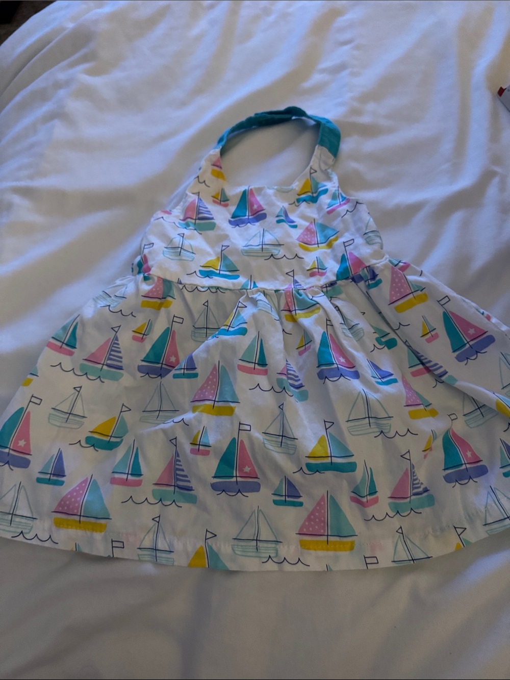 Koala Kids White Dress with Pink, Teal, Yellow and Blue Sailboat Print